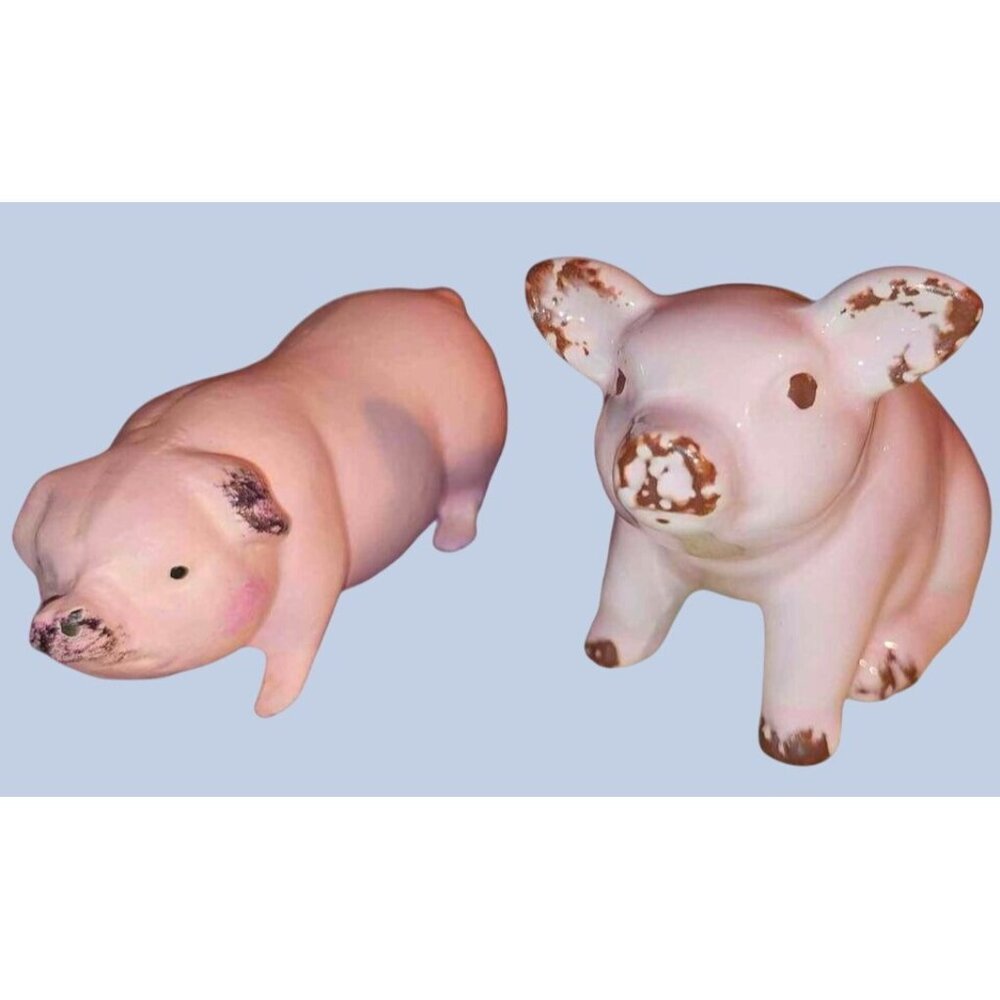 2 Pig Figurines Rustic Brown Pink Farmhouse Decor
